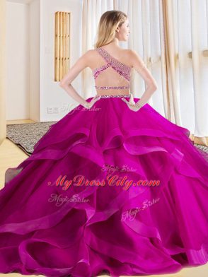 Dynamic Two Pieces Sweet 16 Dress Royal Blue One Shoulder Tulle Sleeveless Floor Length Criss Cross