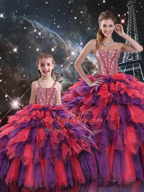 Glamorous Floor Length Lace Up 15 Quinceanera Dress Multi-color for Military Ball and Sweet 16 and Quinceanera with Beading and Ruffles and Ruffled Layers