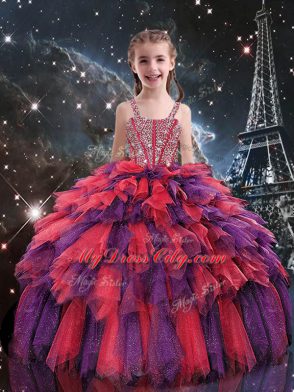 Glamorous Floor Length Lace Up 15 Quinceanera Dress Multi-color for Military Ball and Sweet 16 and Quinceanera with Beading and Ruffles and Ruffled Layers