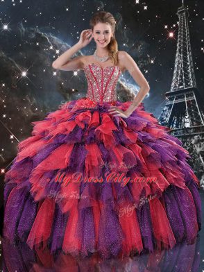 Glamorous Floor Length Lace Up 15 Quinceanera Dress Multi-color for Military Ball and Sweet 16 and Quinceanera with Beading and Ruffles and Ruffled Layers
