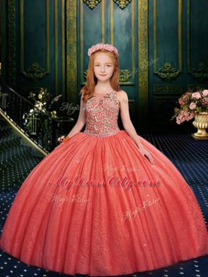 Top Selling Ball Gowns Pageant Gowns Watermelon Red Scoop Tulle Sleeveless Floor Length Lace Up
