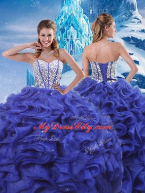 Admirable Blue Ball Gowns Sweetheart Sleeveless Organza Floor Length Lace Up Beading and Ruffles Sweet 16 Quinceanera Dress