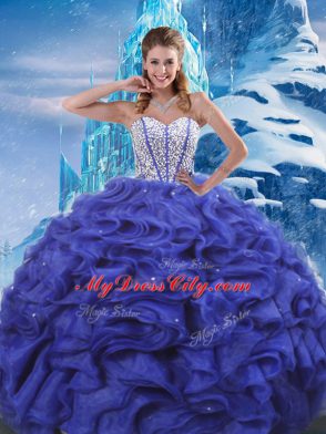Admirable Blue Ball Gowns Sweetheart Sleeveless Organza Floor Length Lace Up Beading and Ruffles Sweet 16 Quinceanera Dress