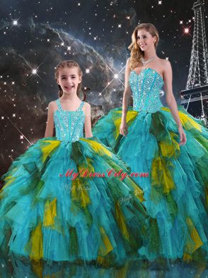 Eye-catching Sleeveless Organza Floor Length Lace Up Quinceanera Dress in Multi-color with Beading and Ruffles