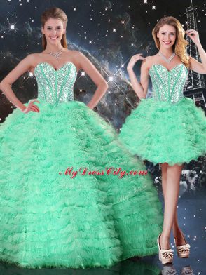 Apple Green Sleeveless Floor Length Beading and Ruffled Layers Lace Up 15th Birthday Dress