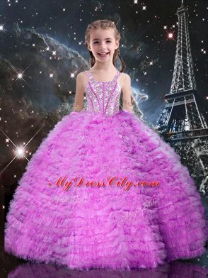 Most Popular Tulle Sleeveless Floor Length Pageant Dress Toddler and Beading and Ruffled Layers