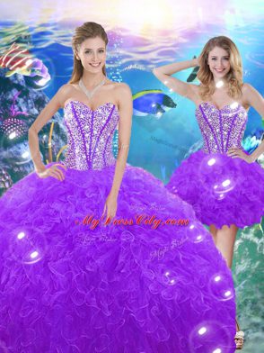Pretty Beading and Ruffles 15th Birthday Dress Purple Lace Up Sleeveless Floor Length