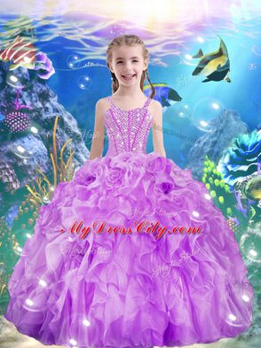 Super Lilac Organza Lace Up Straps Sleeveless Floor Length Little Girls Pageant Gowns Beading and Ruffles