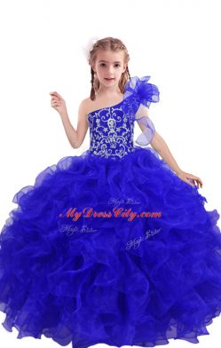 One Shoulder Sleeveless Lace Up Juniors Party Dress Royal Blue Organza