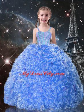 Unique Baby Blue Lace Up Straps Beading and Ruffles Pageant Dress for Girls Organza Sleeveless