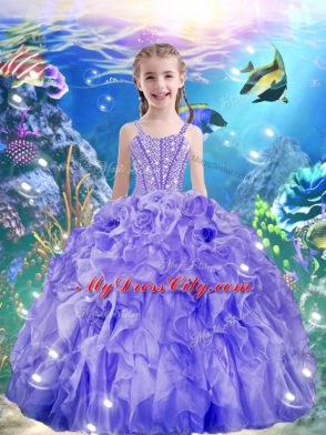 Purple Straps Neckline Beading and Ruffles Child Pageant Dress Sleeveless Lace Up