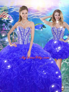 Pretty Blue Ball Gowns Organza Sweetheart Sleeveless Beading and Ruffles Floor Length Lace Up Sweet 16 Dresses