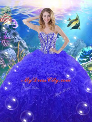 Pretty Blue Ball Gowns Organza Sweetheart Sleeveless Beading and Ruffles Floor Length Lace Up Sweet 16 Dresses