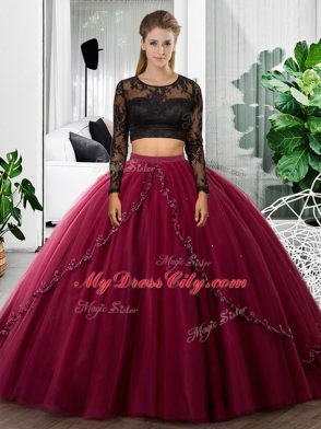 Hot Sale Two Pieces Quinceanera Gown Fuchsia Scoop Tulle Long Sleeves Floor Length Backless