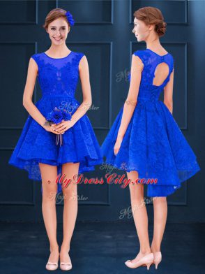 Edgy High Low Royal Blue Bridesmaid Dress Scoop Sleeveless Lace Up