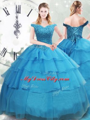 Dazzling Baby Blue Ball Gown Prom Dress Organza Brush Train Sleeveless Beading and Ruffled Layers