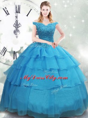 Dazzling Baby Blue Ball Gown Prom Dress Organza Brush Train Sleeveless Beading and Ruffled Layers