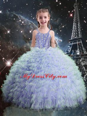 Floor Length Lace Up Ball Gown Prom Dress Lavender for Military Ball and Sweet 16 and Quinceanera with Beading and Ruffles