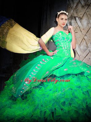 Stylish Sweetheart Sleeveless Brush Train Lace Up 15th Birthday Dress Green Organza