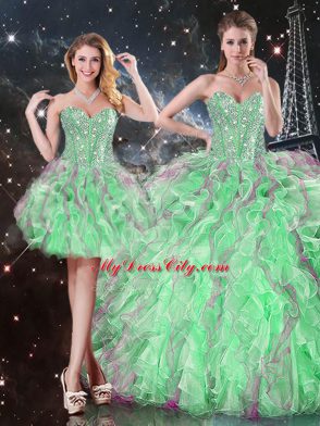 Apple Green Lace Up Vestidos de Quinceanera Beading and Ruffles Sleeveless Floor Length