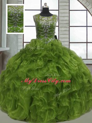 Olive Green Organza Lace Up Sweet 16 Dress Sleeveless Floor Length Beading and Ruffles