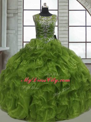 Olive Green Organza Lace Up Sweet 16 Dress Sleeveless Floor Length Beading and Ruffles