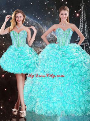 Floor Length Lace Up Ball Gown Prom Dress Aqua Blue for Military Ball and Sweet 16 and Quinceanera with Beading and Ruffles