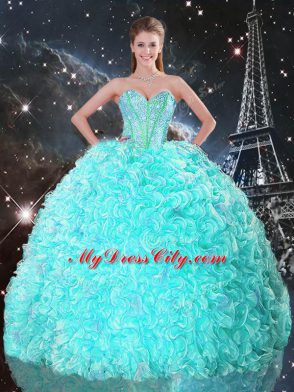 Floor Length Lace Up Ball Gown Prom Dress Aqua Blue for Military Ball and Sweet 16 and Quinceanera with Beading and Ruffles