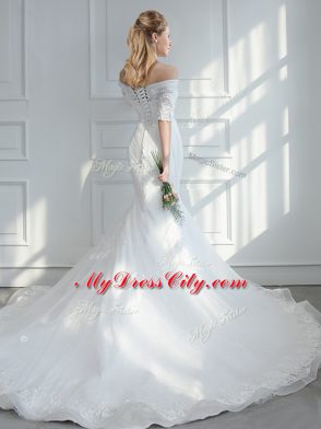 Graceful White Mermaid Off The Shoulder Half Sleeves Tulle Court Train Lace Up Lace and Appliques Wedding Gowns