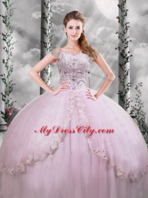 Deluxe V-neck Cap Sleeves Quinceanera Dress Brush Train Beading and Appliques Lilac Tulle