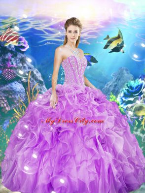 Discount Lilac Sweetheart Neckline Beading and Ruffles Sweet 16 Dress Sleeveless Lace Up