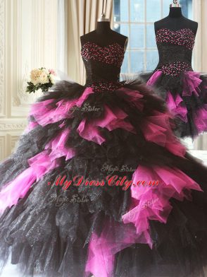 Pink And Black Sleeveless Tulle Lace Up 15th Birthday Dress for Military Ball and Sweet 16 and Quinceanera