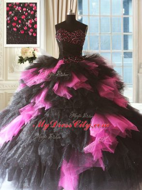 Pink And Black Sleeveless Tulle Lace Up 15th Birthday Dress for Military Ball and Sweet 16 and Quinceanera