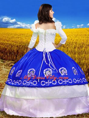 Royal Blue 3 4 Length Sleeve Floor Length Embroidery Lace Up Quinceanera Dresses