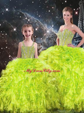 Sleeveless Floor Length Beading and Ruffles Lace Up Ball Gown Prom Dress with Yellow Green
