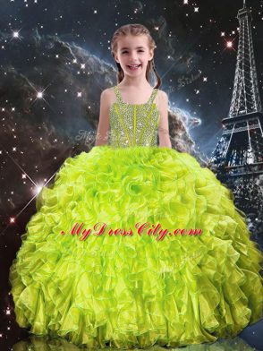 Sleeveless Floor Length Beading and Ruffles Lace Up Ball Gown Prom Dress with Yellow Green