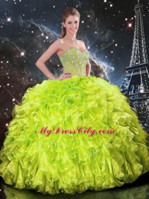 Sleeveless Floor Length Beading and Ruffles Lace Up Ball Gown Prom Dress with Yellow Green
