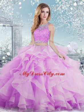 Sexy Lilac Organza Clasp Handle Sweet 16 Dress Sleeveless Floor Length Beading and Ruffles