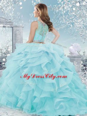 Sexy Lilac Organza Clasp Handle Sweet 16 Dress Sleeveless Floor Length Beading and Ruffles