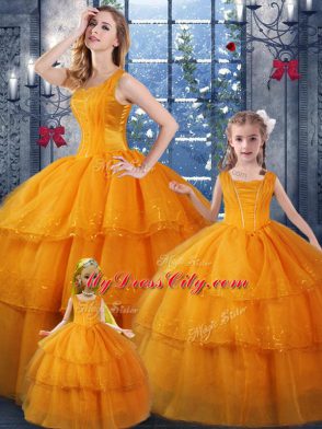 Spectacular Floor Length Orange Sweet 16 Dress Organza Sleeveless Ruffled Layers