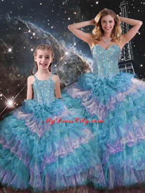 Multi-color Ball Gowns Sweetheart Sleeveless Organza Floor Length Lace Up Beading and Ruffled Layers Quinceanera Gowns