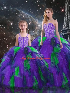 Beading and Ruffles Quinceanera Dress Multi-color Lace Up Sleeveless Floor Length