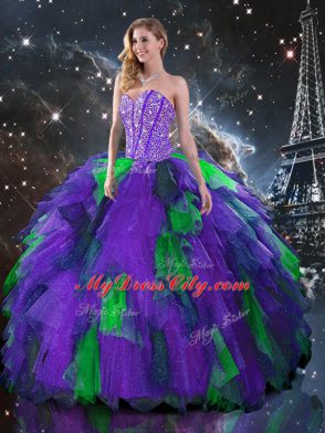 Beading and Ruffles Quinceanera Dress Multi-color Lace Up Sleeveless Floor Length