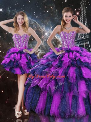 Multi-color Ball Gowns Sweetheart Sleeveless Organza Floor Length Lace Up Beading and Ruffles and Ruffled Layers 15th Birthday Dress