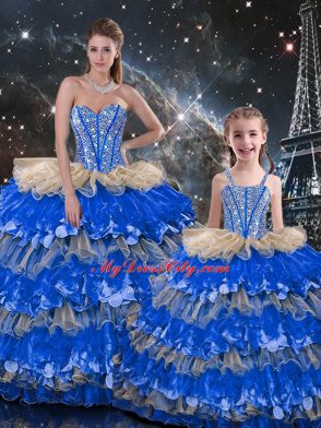 Sleeveless Floor Length Beading and Ruffles Lace Up Sweet 16 Dress with Multi-color