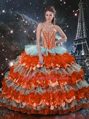 Organza Sweetheart Sleeveless Lace Up Beading and Ruffles and Ruffled Layers Sweet 16 Dresses in Multi-color