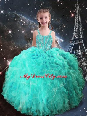 Most Popular Sleeveless Lace Up Floor Length Beading and Ruffles Pageant Gowns