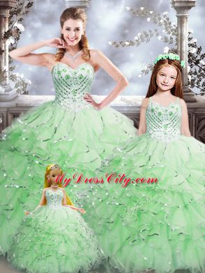 Popular Apple Green Lace Up Sweet 16 Dress Beading and Ruffles Sleeveless Floor Length
