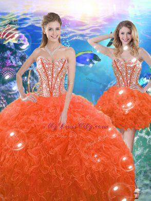 Orange Red Vestidos de Quinceanera Military Ball and Sweet 16 and Quinceanera with Beading and Ruffles Sweetheart Sleeveless Lace Up