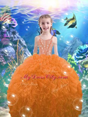 Best Ball Gowns Casual Dresses Orange Red Straps Organza Sleeveless Floor Length Lace Up